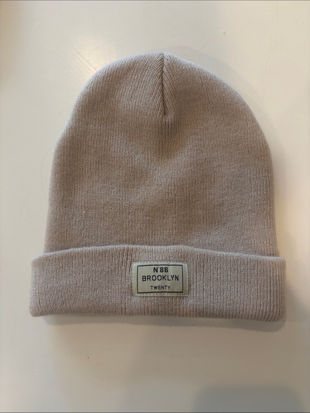 Patch Folded Cuff Beanie in Light Beige